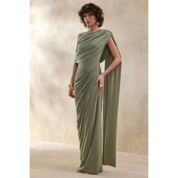 Gisara | Robe longue olive à encolure haute avec ceinture fluide et détails drapés