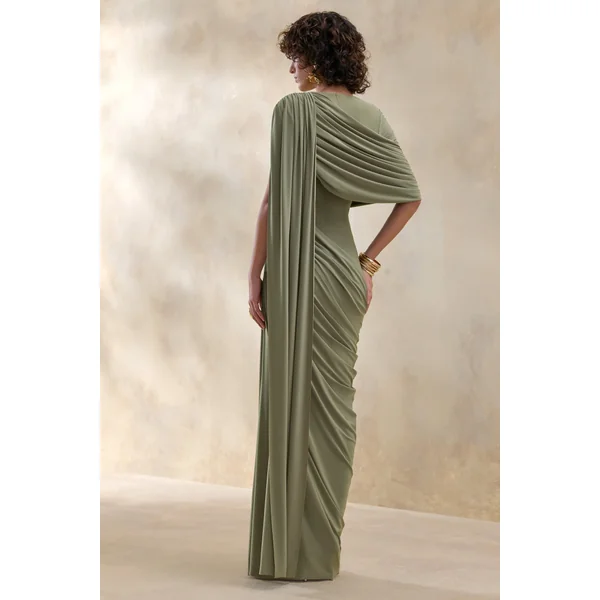 Gisara | Robe longue olive à encolure haute avec ceinture fluide et détails drapés