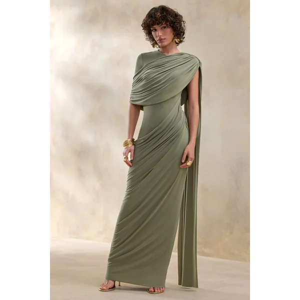 Gisara | Robe longue olive à encolure haute avec ceinture fluide et détails drapés