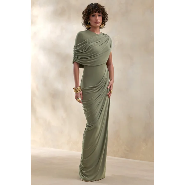 Gisara | Robe longue olive à encolure haute avec ceinture fluide et détails drapés