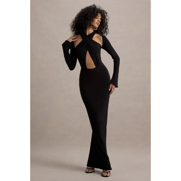 Gita | Robe longue à manches longues et col halter noire