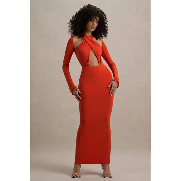 Gita | Robe longue à manches longues et col halter orange