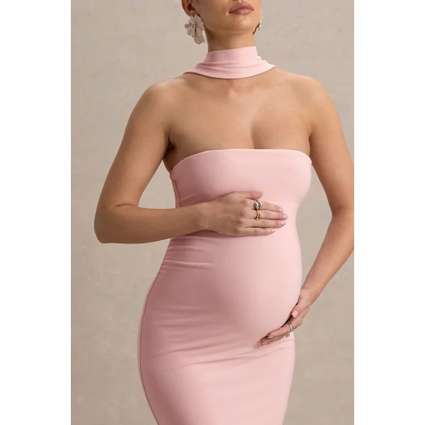 Glaze | Robe longue de maternité rose à col haut