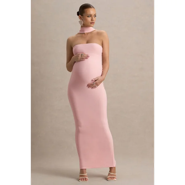 Glaze | Robe longue de maternité rose à col haut