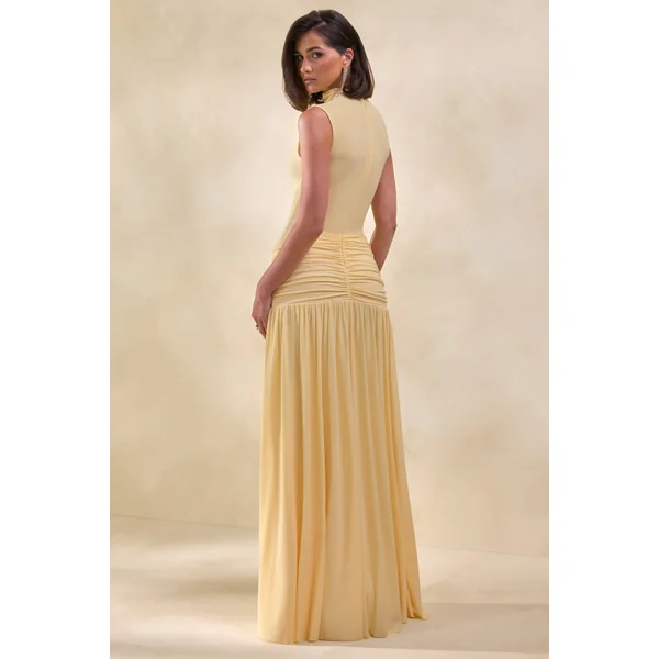 Glimora | Robe longue citron à encolure haute avec détails froncés