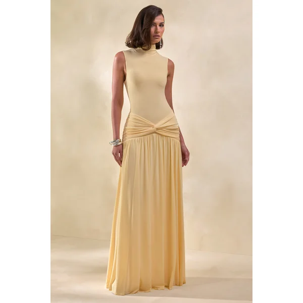 Glimora | Robe longue citron à encolure haute avec détails froncés
