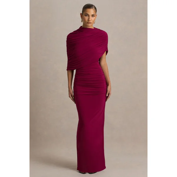 Glitz | Robe longue bordeaux à col montant avec manche cape et détail froncé