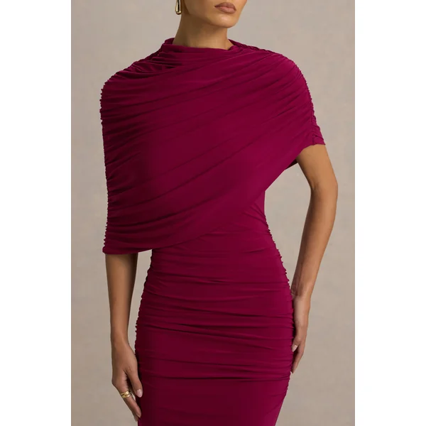 Glitz | Robe longue bordeaux à col montant avec manche cape et détail froncé