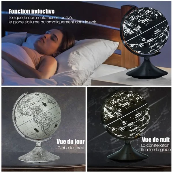 Globe Terrestre Éducative Lumineux Globe de Constellation 3 en 1 Diamètre 23cm Décoration de Bureau Élégante