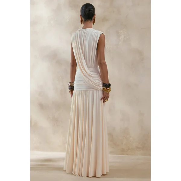 Glorina | Robe Longue Crème Décolleté-Plongeant Avec Détail-Drapé