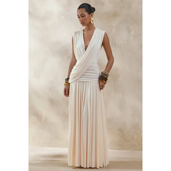 Glorina | Robe Longue Crème Décolleté-Plongeant Avec Détail-Drapé