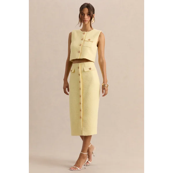 Glyra | Jupe mi-longue tailleur citron avec détails de boutons dorés