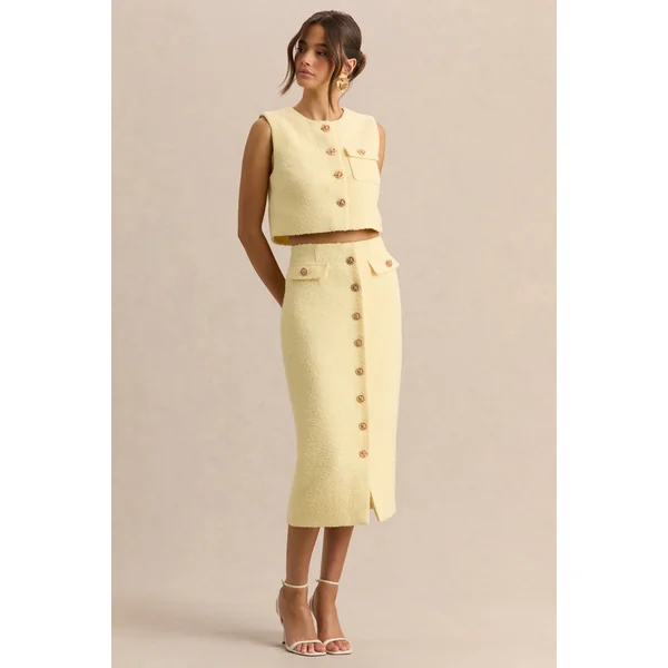 Glyra | Jupe mi-longue tailleur citron avec détails de boutons dorés