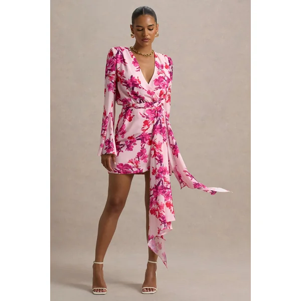 Goldie | Mini-robe portefeuille à manches longues en chiffon imprimé floral rose