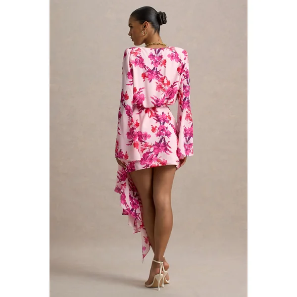 Goldie | Mini-robe portefeuille à manches longues en chiffon imprimé floral rose