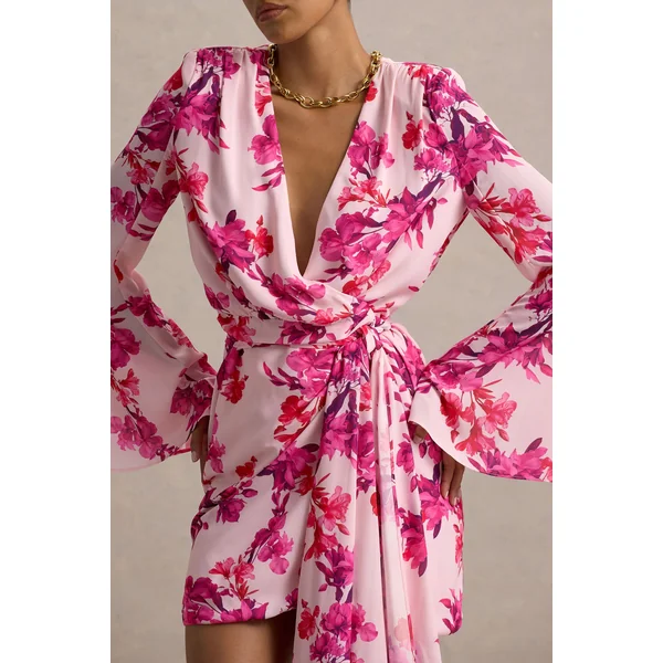 Goldie | Mini-robe portefeuille à manches longues en chiffon imprimé floral rose