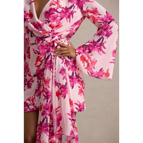 Goldie | Mini-robe portefeuille à manches longues en chiffon imprimé floral rose