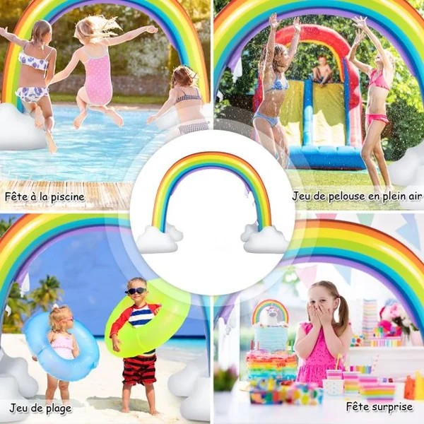 Gonflable Arroseur D'eau en Forme D’arc-en-ciel Jouet Gonflable pour Enfants en Pvc 232x87x173cm Multicolore