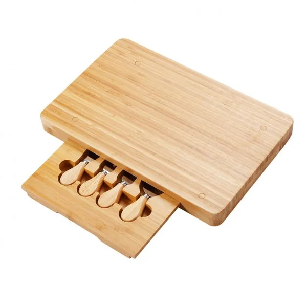 GOPLUS Plateau à Fromage en Bambou avec 1 fourchette et 3 Couteaux à Fromage, en Acier Inoxydable, 39x25x3.5 cm, Naturel