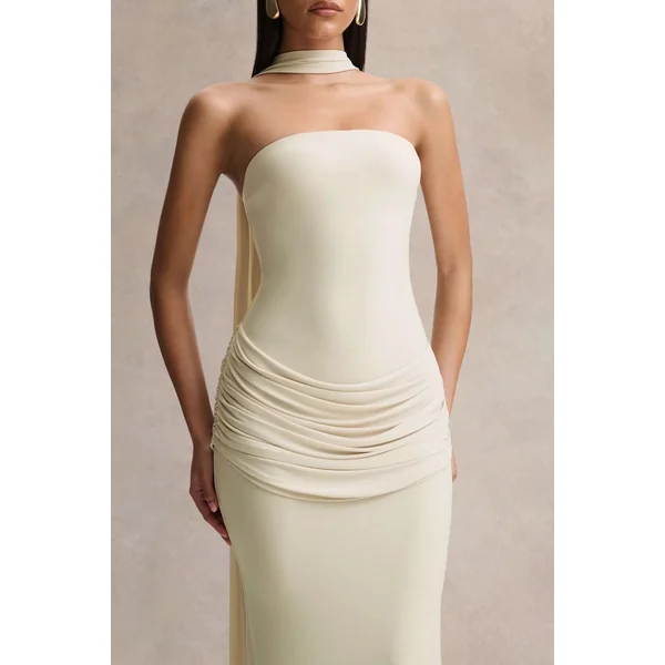 Graciella | Robe longue bandeau crème à détails drapés et écharpe