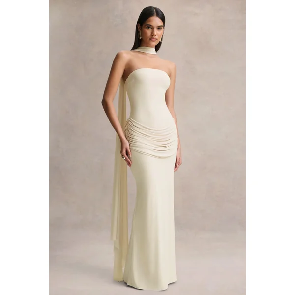 Graciella | Robe longue bandeau crème à détails drapés et écharpe