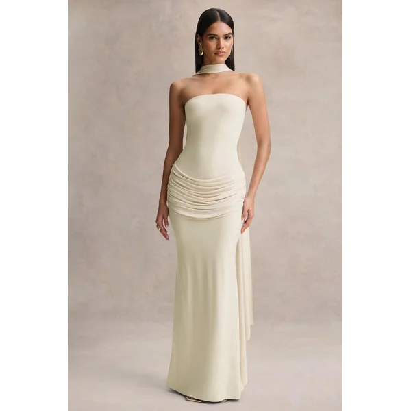 Graciella | Robe longue bandeau crème à détails drapés et écharpe