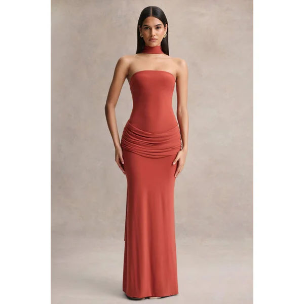 Graciella | Robe longue bandeau rouille avec drapé et foulard