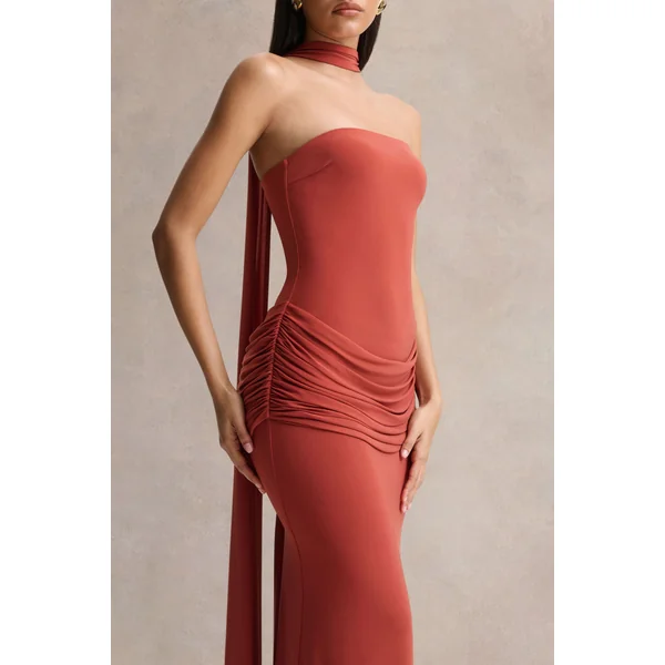 Graciella | Robe longue bandeau rouille avec drapé et foulard