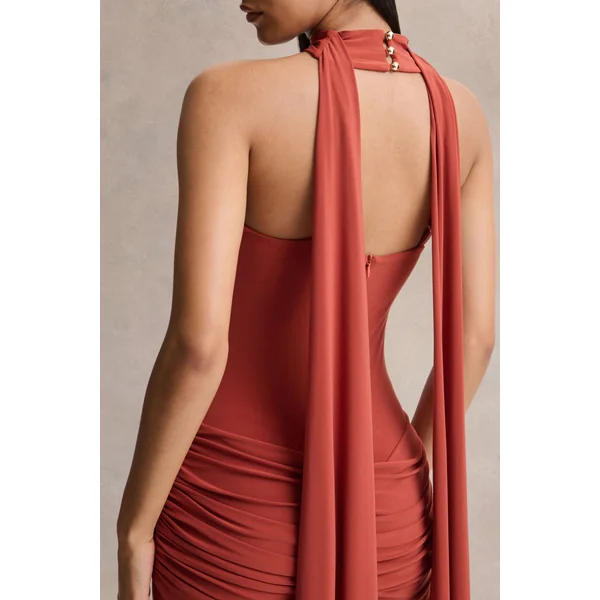 Graciella | Robe longue bandeau rouille avec drapé et foulard