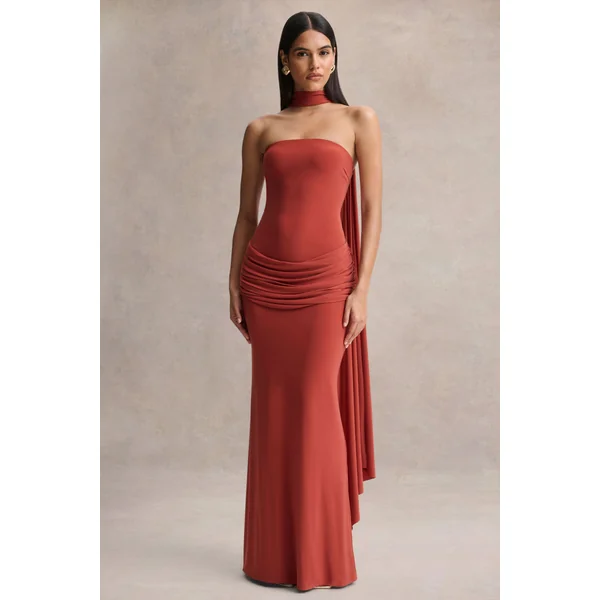 Graciella | Robe longue bandeau rouille avec drapé et foulard
