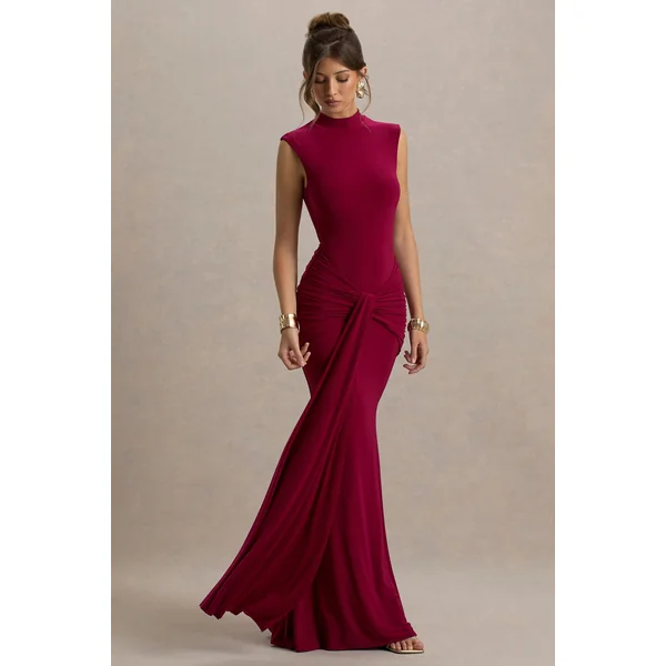 Graziana | Robe longue rouge bordeaux à col montant drapée et froncée