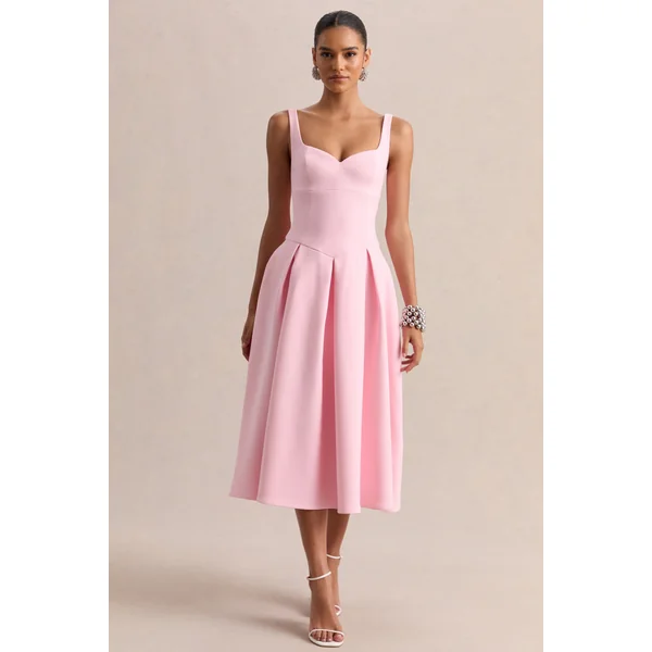 Greta | Robe mi-longue rose clair à encolure cœur