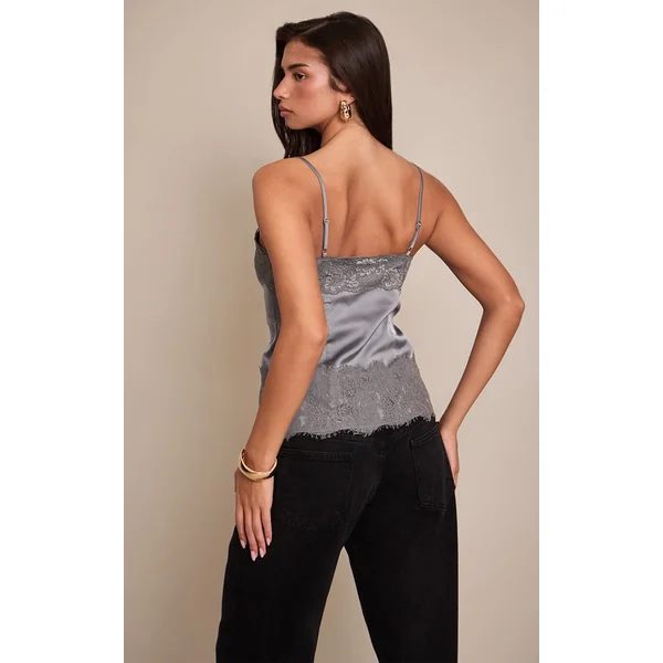 Gris Anthracite Caraco En Satin À Boutons Avec Détails En Dentelle
