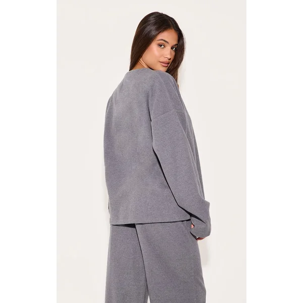 Gris Anthracite Cardigan Côtelé Brossé Épais À Col V Et Boutons