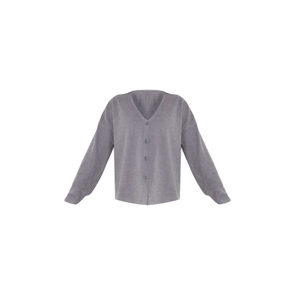 Gris Anthracite Cardigan Côtelé Brossé Épais À Col V Et Boutons