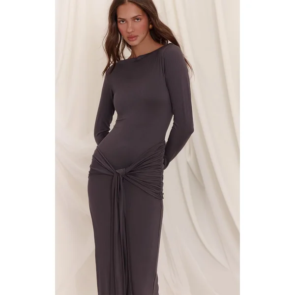 Gris Anthracite Robe Longue Drapée À Encolure Bateau En Tissu Doux Au Toucher