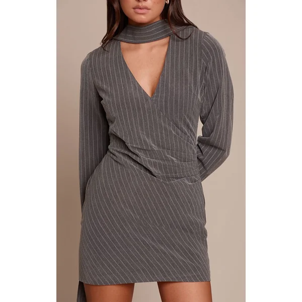 Gris Anthracite Robe Moulante À Manches Longues Avec Détail Foulard