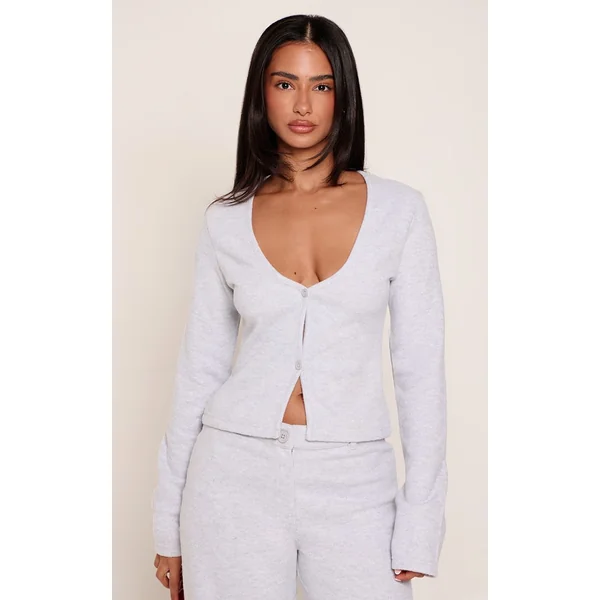 Gris Cendré Cardigan Brossé À Manches Longues Et Boutonnage Devant Petite Taille Coordonné