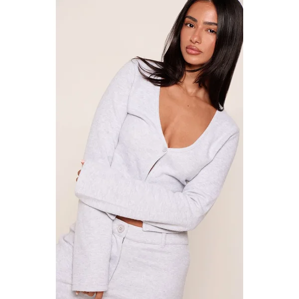 Gris Cendré Cardigan Brossé À Manches Longues Et Boutonnage Devant Petite Taille Coordonné