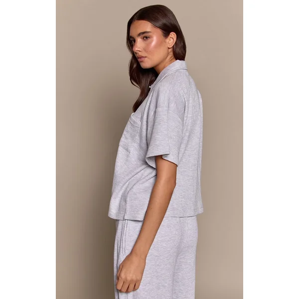 Gris Cendré Chemise De Pyjama Gaufrée À Manches Courtes Avec Boutonnage