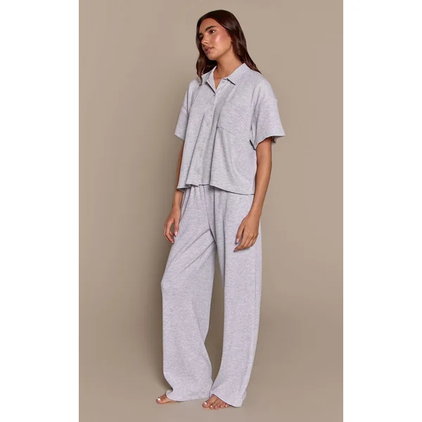 Gris Cendré Chemise De Pyjama Gaufrée À Manches Courtes Avec Boutonnage