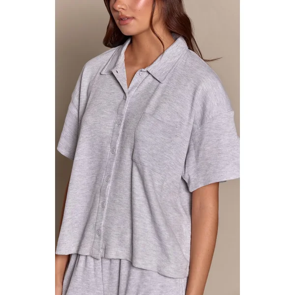 Gris Cendré Chemise De Pyjama Gaufrée À Manches Courtes Avec Boutonnage