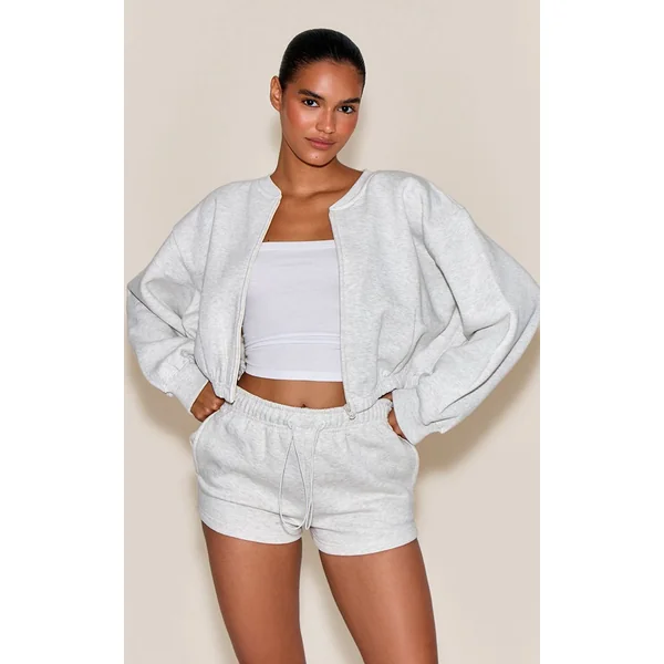 Gris Cendré Sweat-shirt Court Zippé Avec Cordon De Serrage À La Taille
