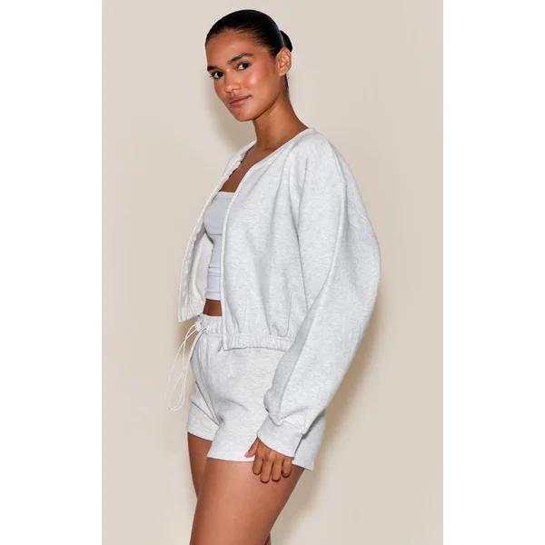 Gris Cendré Sweat-shirt Court Zippé Avec Cordon De Serrage À La Taille