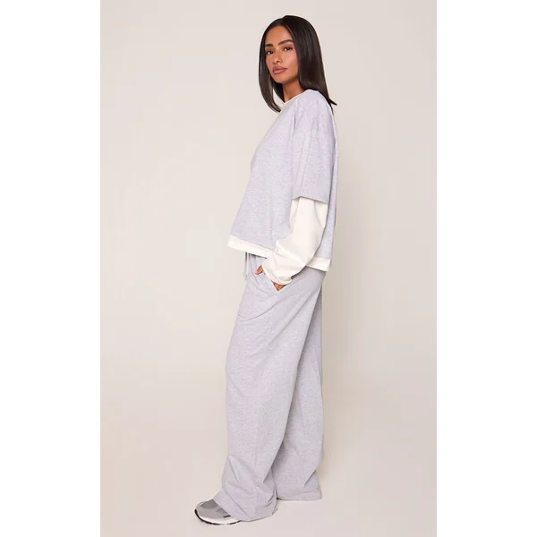 Gris Cendré T-shirt Petite À Manches Longues Double Couche Coupe Boxy