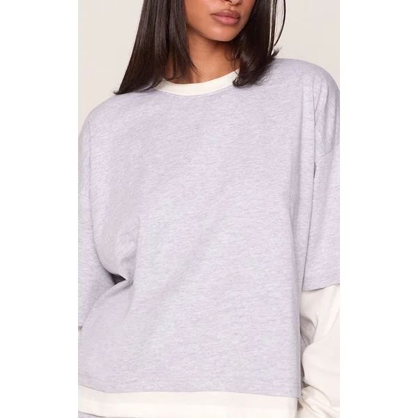 Gris Cendré T-shirt Petite À Manches Longues Double Couche Coupe Boxy