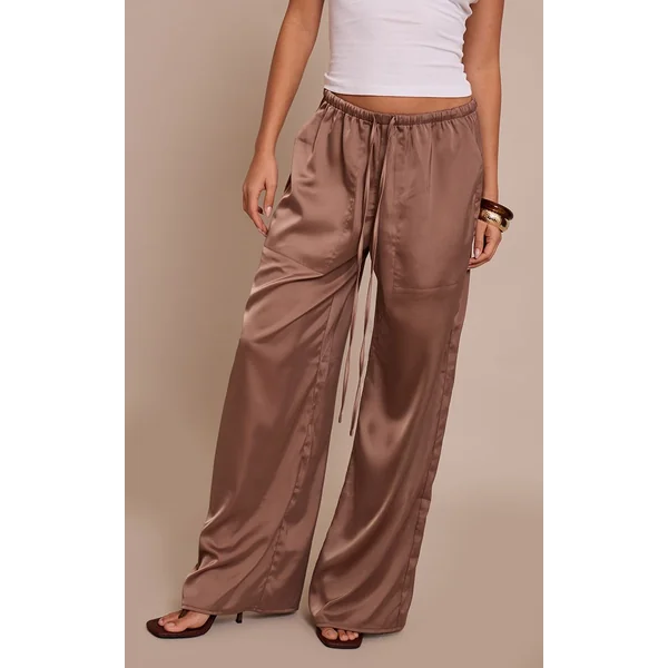 Gris Champignon Pantalon Large Taille Basse En Satin Avec Cordon De Serrage