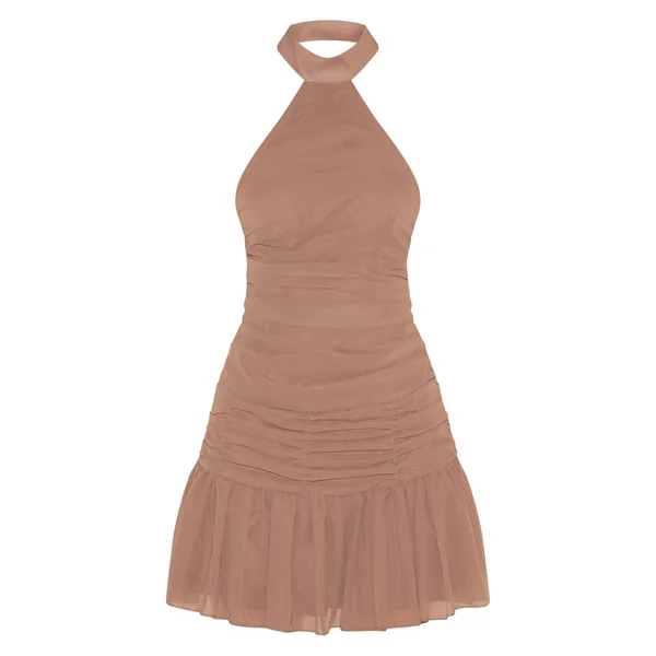 Gris Champignon Robe Courte En Mousseline À Col Licou