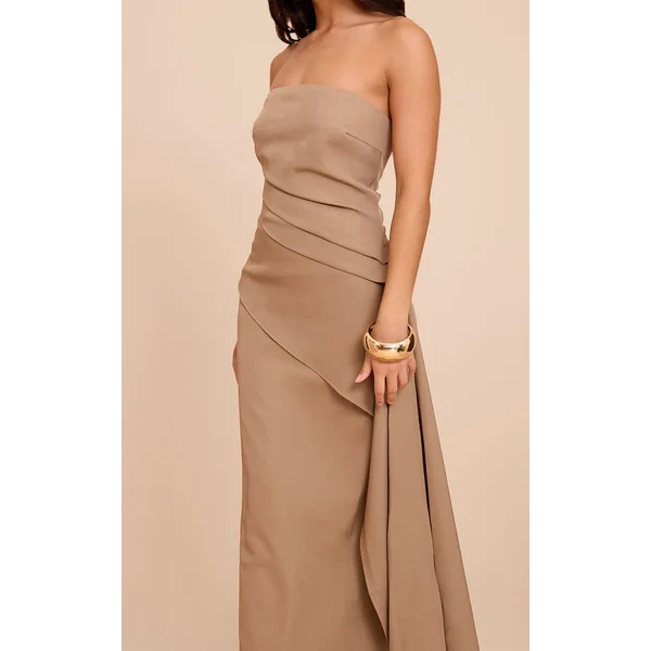 Gris Champignon Robe Drapée Froncée En Tissu Tissé Crème Beurre