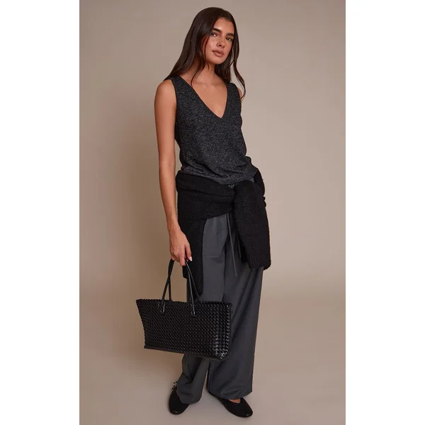 Gris Charbon Débardeur Gilet Ample En Maille Douce À Col En V